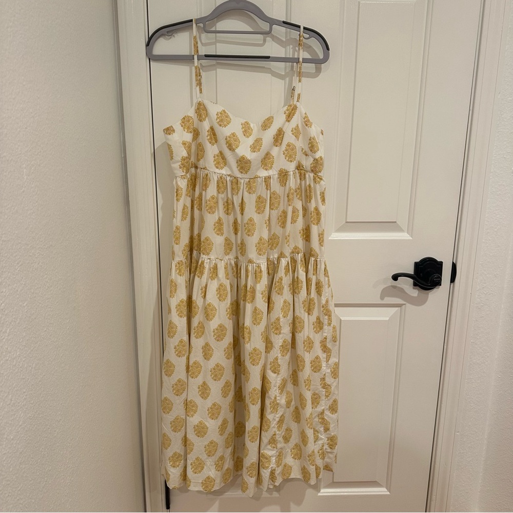 J. Crew Women’s 12 White Midi Dress Floral Print in Cream and Gold, Tie Back